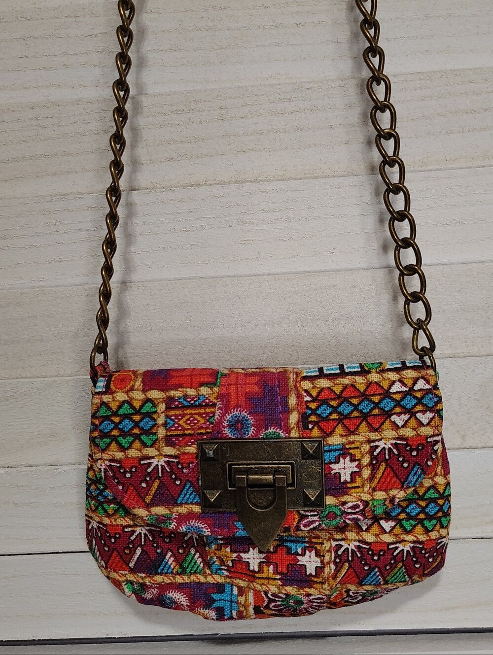 Colorful Patterned Crossbody Bag with Antique Brass Chain